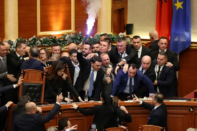 Video thumbnail for Flare and fighting in Albanian parliament dispute