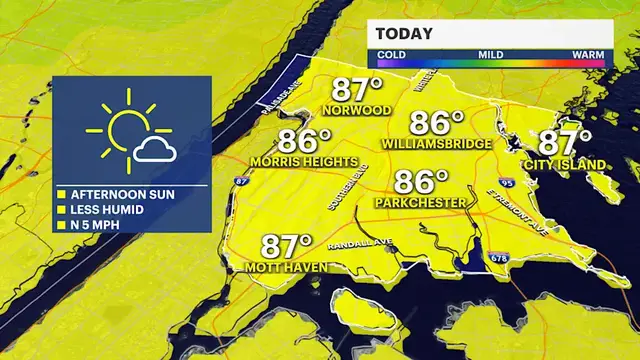 Video thumbnail for Less humidity & more sunshine; storms possible tonight in the Bronx