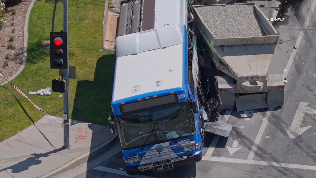 Video thumbnail for US, Los Angeles: Santa Clarita Multiple Injured After Gravel Truck Plows Into Loaded City Bus AERIALS Part 2.
