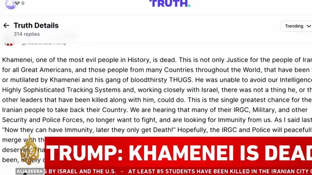 Video thumbnail for Trump: Khamenei dead after US strikes Iran