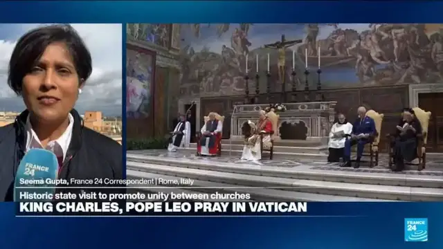 'Video thumbnail for King Charles and Pope Leo pray together in Vatican in historic first'