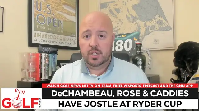 'Video thumbnail for Bryson DeChambeau, Justin Rose and caddies get into Ryder Cup confrontation'