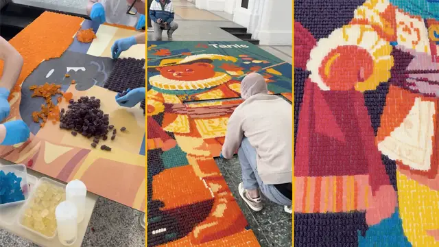 Video thumbnail for Largest jelly/gummy mosaic (image) - 35.794m2 (385 ft2) by Tanis Confectionery BV