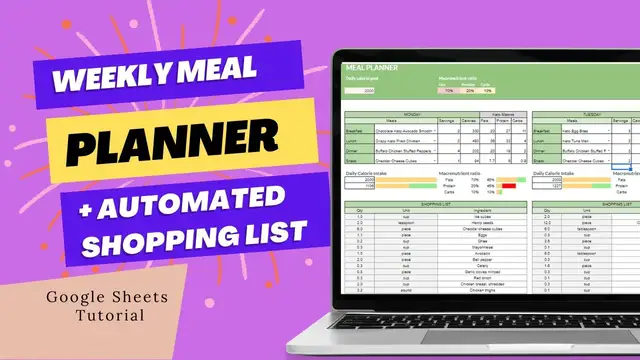 Video thumbnail for Weekly Meal Planner in Google Sheets with Automated Grocery list and Calorie Calculator
