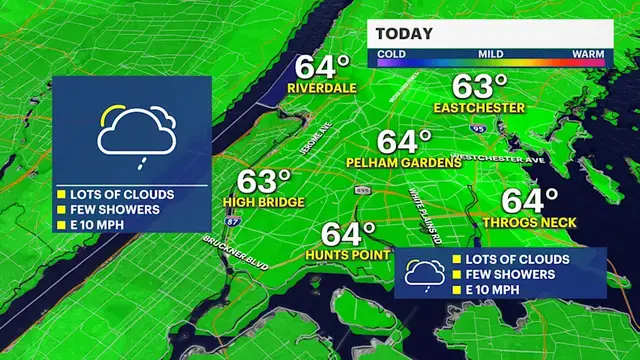 Video thumbnail for Clouds increase today with late-day showers, then a chilly start to the week in the Bronx