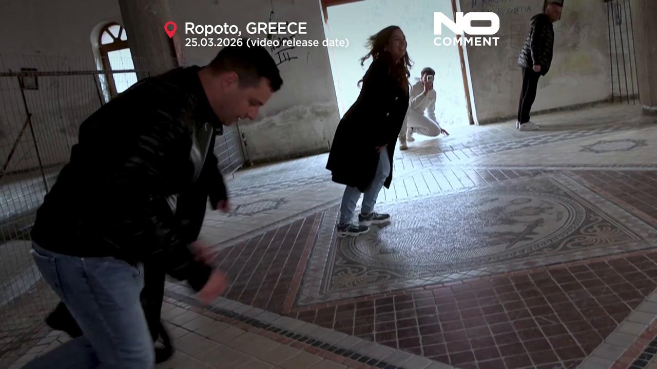 Video thumbnail for Tourists test balance inside tilted church in Greece’s Ropoto
