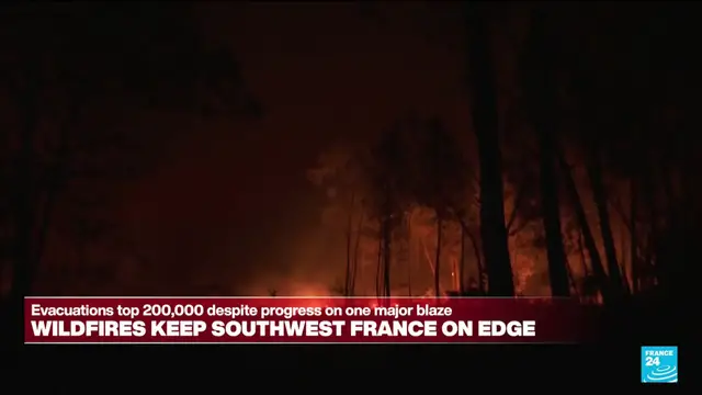 Video thumbnail for Wildfires keep southwest France on edge: Evacuations top 200,000