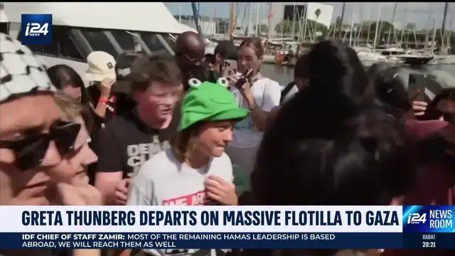 'Video thumbnail for Greta Thunberg departs on massive flotilla to Gaza'