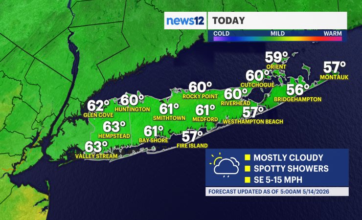 Video thumbnail for Scattered showers and temperatures below average today; big weekend warm up ahead on Long Island