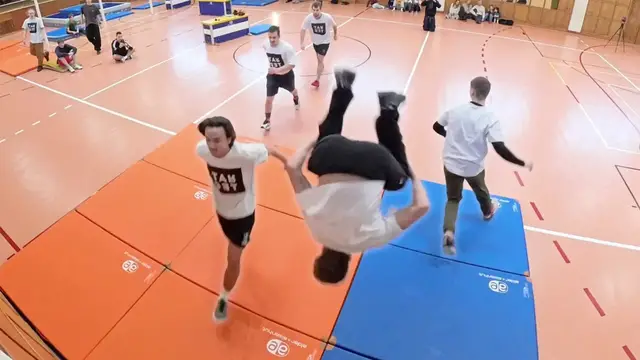 Video thumbnail for Most backflips off a wall in one minute by a team (parkour) - 58 by Nils Bertschi, Oskar Dietschi, Linus Egli, Nicolas Fischer, and Luc Weidmann