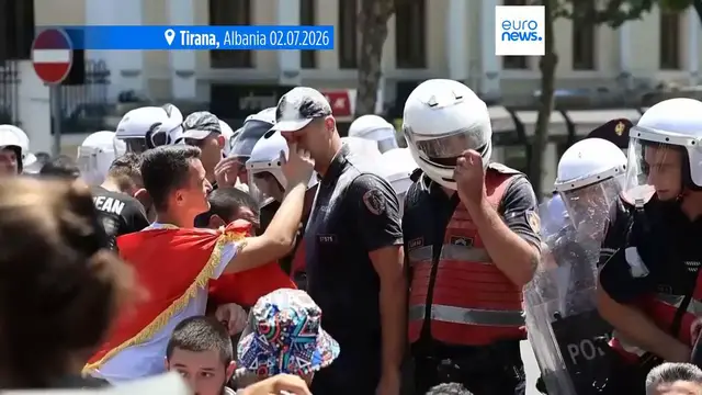 Video thumbnail for Albanian police fire water cannon as protests against Trump-linked luxury resort continue