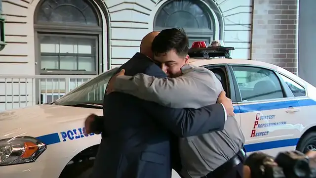 Video thumbnail for NYPD recruit reunited with off‑duty officer who inspired him to become a police officer