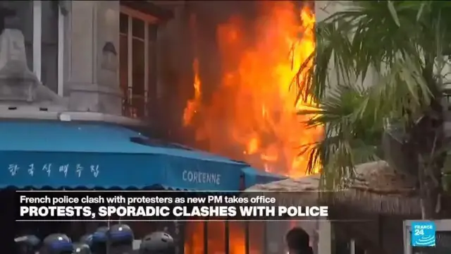 'Video thumbnail for Protesters clash with police in France as new PM starts job'
