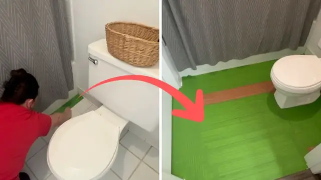 Video thumbnail for She tapes up her old bathroom floor for this GENIUS idea!