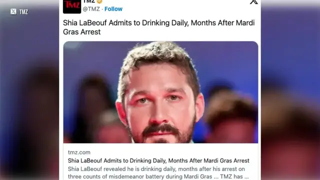 Video thumbnail for UNCAPTIONED: Shia LaBeouf admits he drinks alcohol daily while on probation following Mardi Gras arrest.