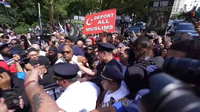 Video thumbnail for US: Tensions rise after anti-Islam protesters march to 9/11 Memorial over Mamdani's attendance.