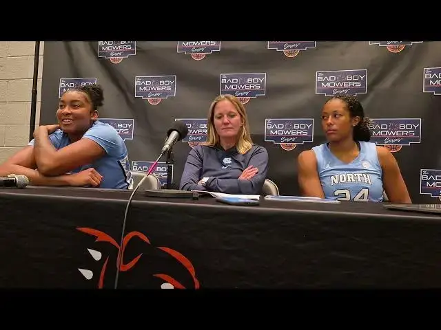 'Video thumbnail for UNC's Nyla Harris, Coach Courtney Banghart and Indya Nivar after exhibition loss to S.C. #UNC'