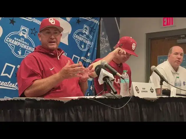 'Video thumbnail for Oklahoma coach Skip Johnson and catcher Easton Carmichael after season-ending loss to #UNC'