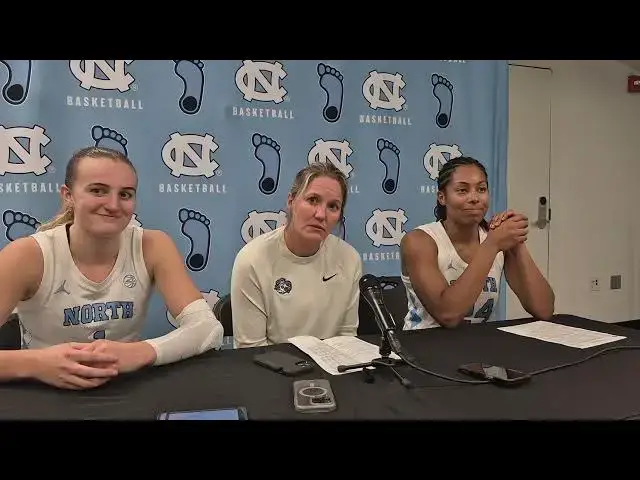 'Video thumbnail for #UNC wing Alyssa Ustby, Coach Courtney Banghart and guard Indya Nivar after Heels move to 10-1.'