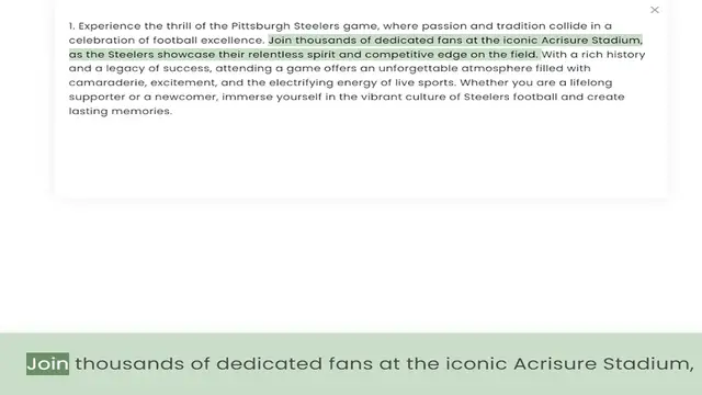 Video thumbnail for celebration of football excellence. Join thousands of dedicated fans at the iconic Acrisure Stadium, as the Steelers showcase their relentless spirit and competitive edge on the field. With a rich history and a legacy of success, attendin