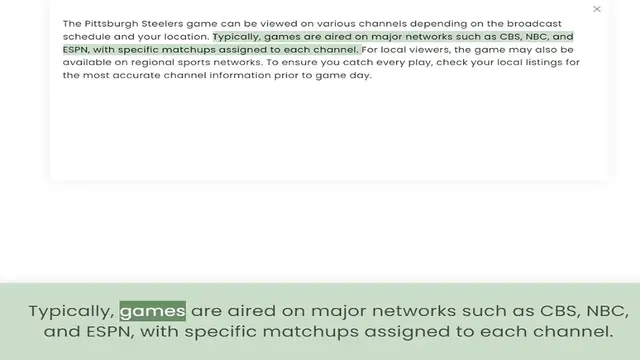 Video thumbnail for schedule and your location. Typically, games are aired on major networks such as CBS, NBC, and ESPN, with specific matchups assigned to each channel. For local viewers, the game may also be available on regional sports networks. To ensure