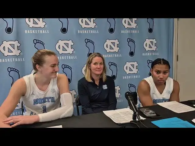 'Video thumbnail for UNC's Alyssa Ustby, Courtney Banghart and Reniya Kelly after the Tar Heels' win over BC #BC'