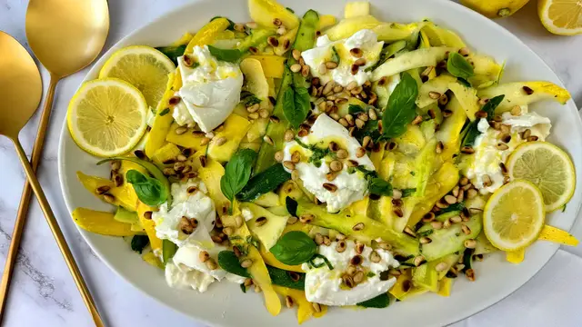 Video thumbnail for Summer Squash And Basil Burrata Salad Recipe