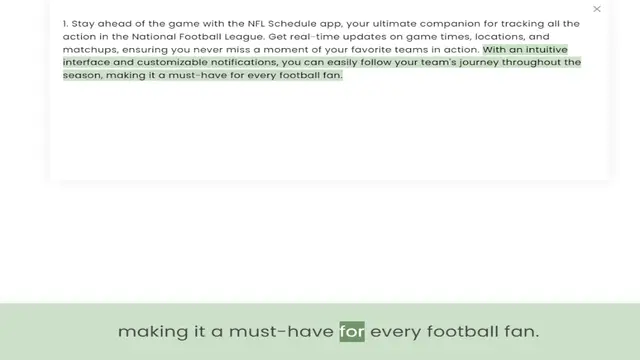 Video thumbnail for action in the National Football League. Get real-time updates on game times, locations, and matchups, ensuring you never miss a moment of your favorite teams in action. With an intuitive interface and customizable notifications, you can e