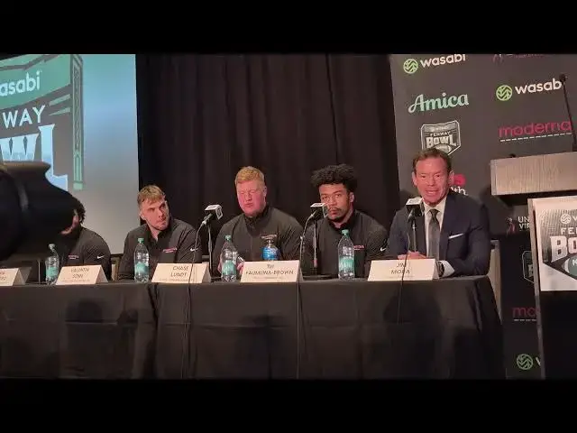 'Video thumbnail for UConn coach Jim Mora & players Jelani Stafford, Valentin Senn, Chase Lundt and Tui Faumuina-Brown'