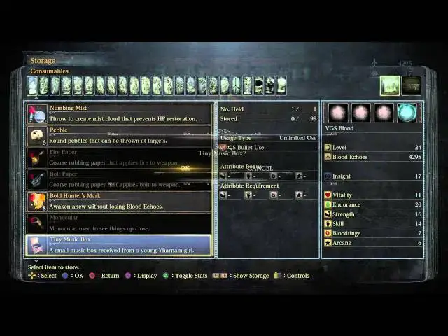 Video thumbnail for Bloodborne - Hunter's Dream: Storage Area: Store Weapons, Armor, Items, Gems, Runes, Firearms