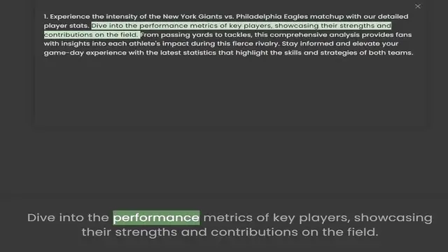 Video thumbnail for player stats. Dive into the performance metrics of key players, showcasing their strengths and contributions on the field. From passing yards to tackles, this comprehensive analysis provides fans with insights into each athlete's impact d