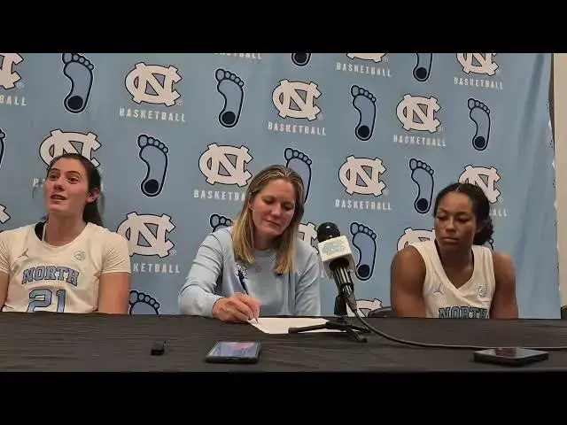 'Video thumbnail for #UNC forward Ciera Toomey, Coach Courtney Banghart and guard Indya Nivar after win over Elon'
