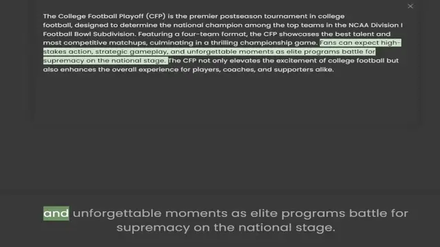 Video thumbnail for designed to determine the national champion among the top teams in the NCAA Division I Football Bowl Subdivision. Featuring a four-team format, the CFP showcases the best talent and most competitive matchups, culminating in a thrilling ch