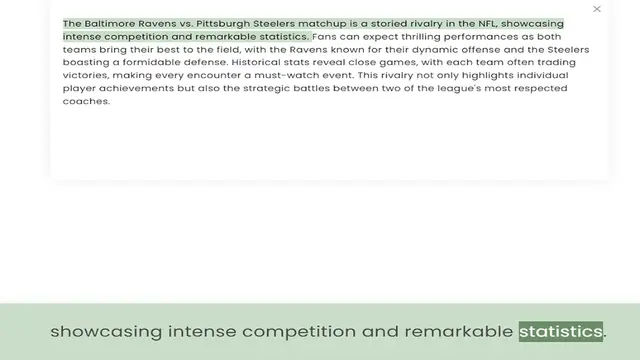Video thumbnail for intense competition and remarkable statistics. Fans can expect thrilling performances as both teams bring their best to the field, with the Ravens known for their dynamic offense and the Steelers boasting a formidable defense. Historical