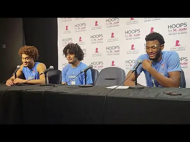 'Video thumbnail for #UNC players Seth Trimble, Elliot Cadeau and Jalen Washington after exhibition win at Memphis'