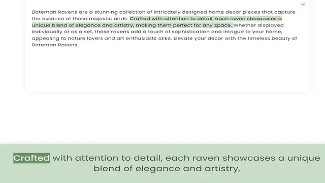 Video thumbnail for the essence of these majestic birds. Crafted with attention to detail, each raven showcases a unique blend of elegance and artistry, making them perfect for any space. Whether displayed individually or as a set, these ravens add a touch o