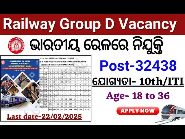 'Video thumbnail for ଆସିଲା RRB Group D New Vacancy 2025✅10th Pass Railway Job✅ Railway Group D Recruitment 2025'