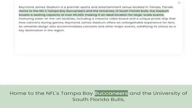 Video thumbnail for Home to the NFL's Tampa Bay Buccaneers and the University of South Florida Bulls, the stadium boasts a seating capacity of over 65,000, making it an ideal location for large-scale events. Featuring state-of-the-art facilities, including a