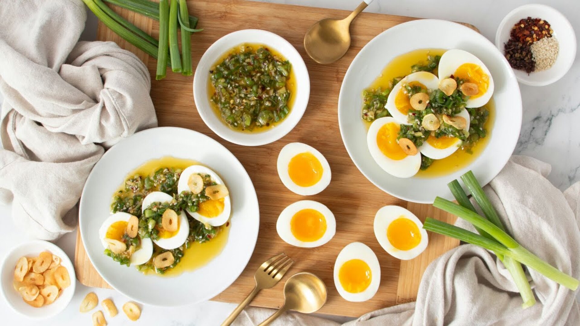 Video thumbnail for Jammy Eggs With Scallion Drizzle And Crispy Garlic Recipe