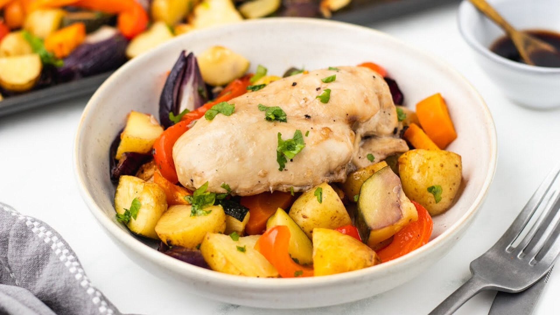 Video thumbnail for Sheet-Pan Balsamic Chicken And Vegetables Recipe