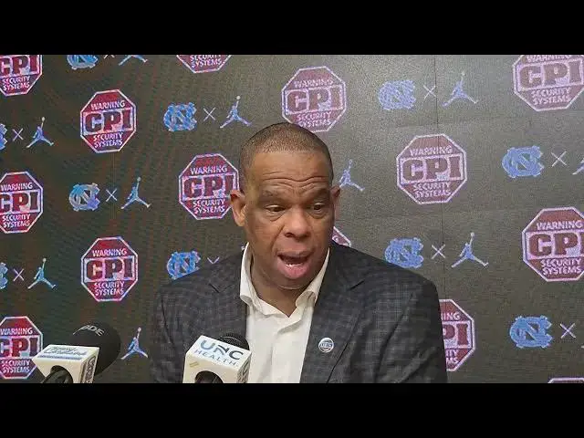 'Video thumbnail for #UNC coach Hubert Davis after the Tar Heels' narrow loss to Stanford'