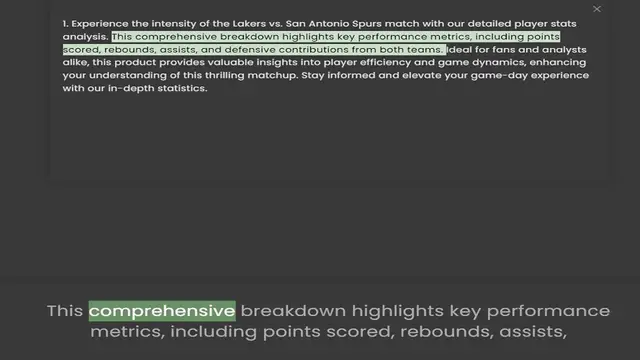 Video thumbnail for analysis. This comprehensive breakdown highlights key performance metrics, including points scored, rebounds, assists, and defensive contributions from both teams. Ideal for fans and analysts alike, this product provides valuable insights