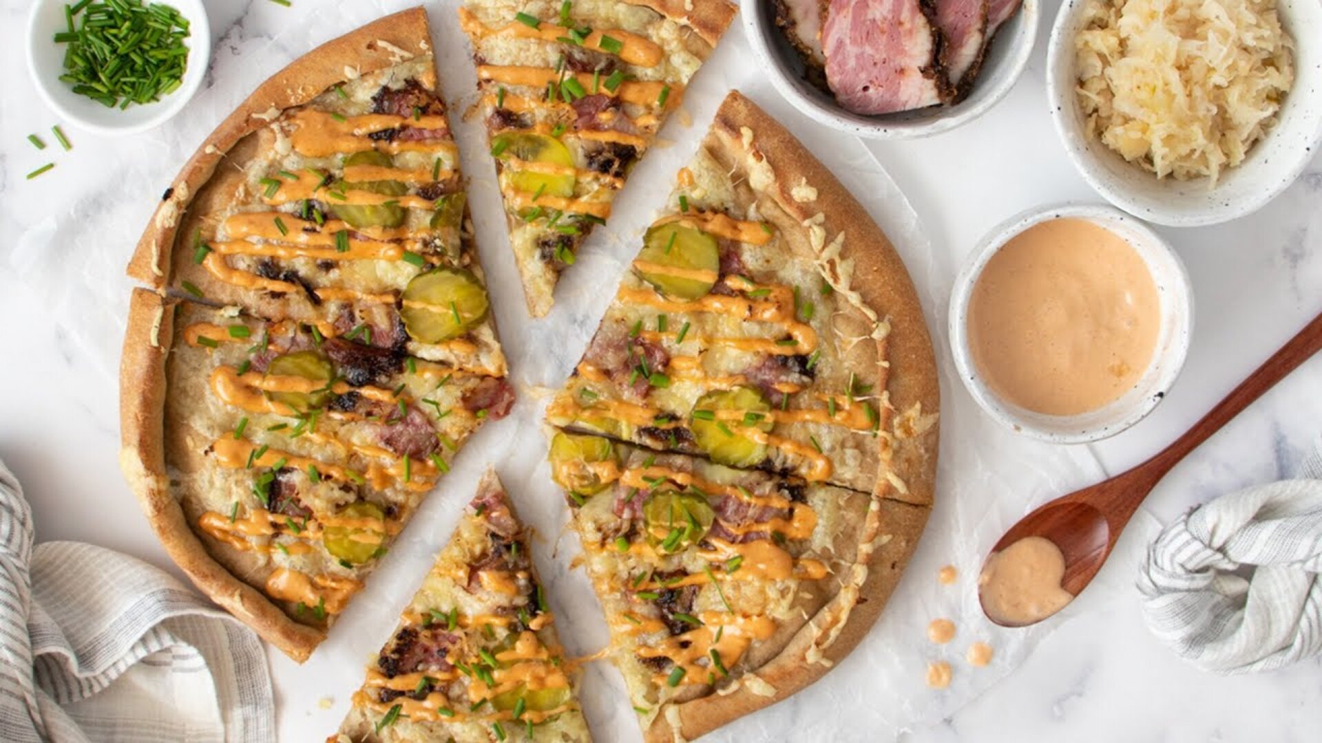 Video thumbnail for Pastrami Reuben Pizza Recipe