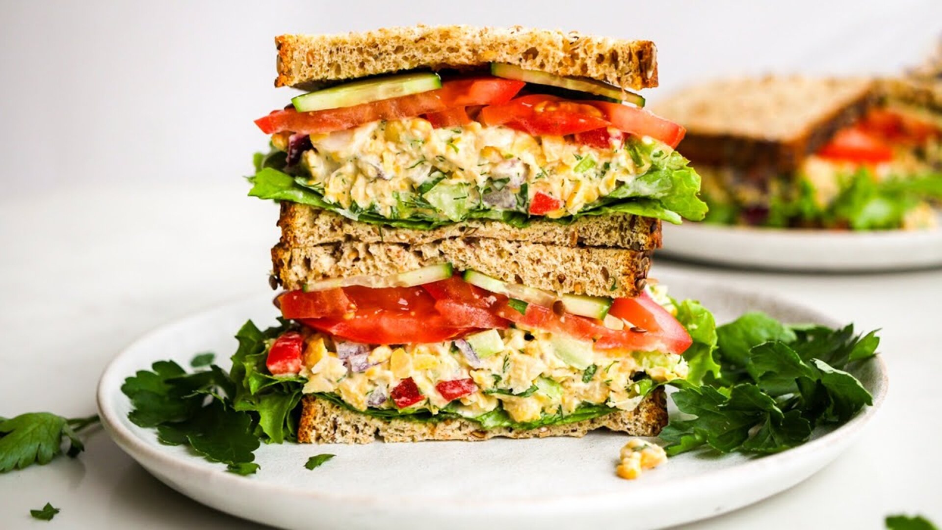 Video thumbnail for Herby Chickpea Salad Sandwich Recipe