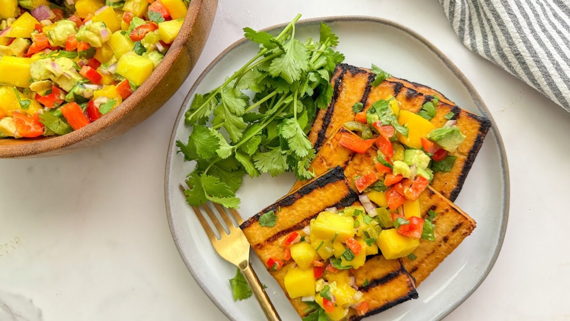 Video thumbnail for Grilled Tofu With Mango Salsa Recipe