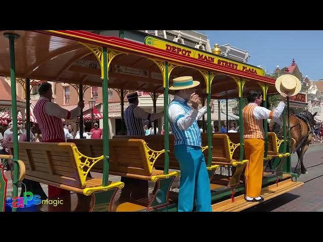 Video thumbnail for Dapper Dans on Dapper Day on Horse Drawn Streetcar on Main Street, USA Disneyland 2022