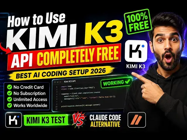 Video thumbnail for How to Use Kimi K3 API Completely FREE & UNLIMITED in VSCode Using TokenRouter Official Offer