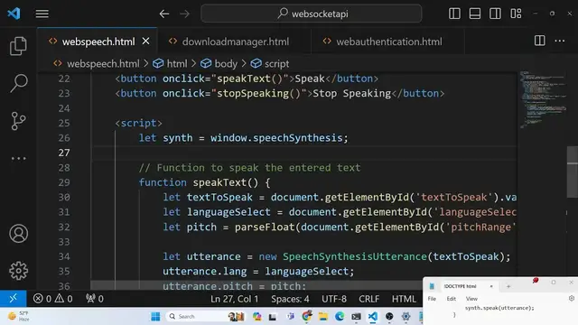 Video thumbnail for Javascript Web Speech API Example to Export Text to Speech and Adjust it's Pitch in Browser