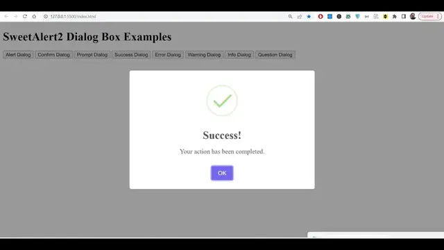 Video thumbnail for Javascript SweetAlert2 Example to Show Popup Alert Messages in Browser Full Example For Beginners