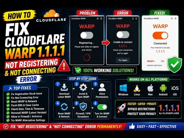 Video thumbnail for How to Fix Cloudflare WARP 1.1.1.1 Not Registering & Not Connecting Error